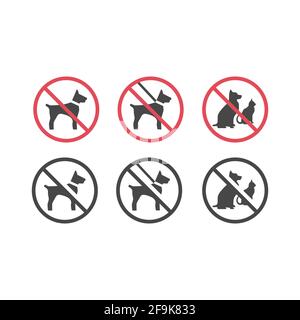 No pets red prohibition vector sign. Dogs on a leash and pets not allowed icon. Stock Vector