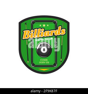 Billiard, pool club vector icon, black ball with number eight and cues on green playing field. Sport, hobby, snooker league sign, billiards game socie Stock Vector