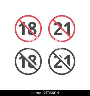 No underaged red prohibition vector sign. People under 18 and 21 not allowed icon. Stock Vector