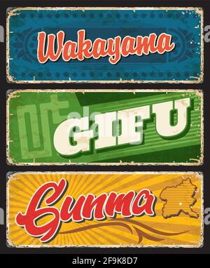 Wakayama, Gifu and Gunma vector plate, Japan prefectures tin signs. Japanese region grunge plate with vintage typography and territory official flags
