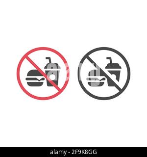 No food red prohibition vector sign. Bringing food and drinks not allowed icon with burger and soda. Stock Vector