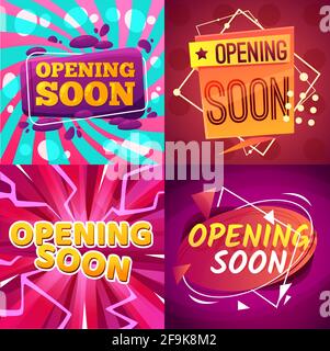 Opening soon cartoon banners vector promotion and announcement design. Comic bubbles on bright background with lightning bolts, geometric shapes and s Stock Vector