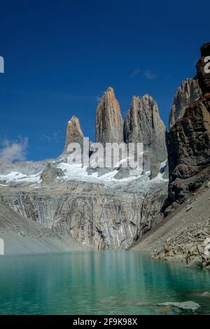 View of the Torres mountains from Mirador Base Las Torres, Torres del Paine national park, Chile, South America Stock Photo