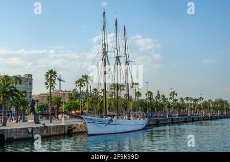 Vintage sailing boat Santa Eulalia, a three mast vessel - ship moored in the marina at Port Vell in Barcelona, Spain. Stock Photo