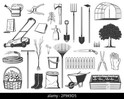 Gardening tools , farming instruments and equipment isolated vector icons. Farmer and gardener shovel, ax, wheelbarrow and saw, boots and gloves. Frui Stock Vector