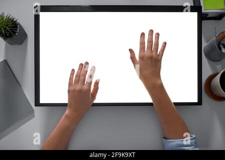 hands on led light tablet at night office Stock Photo