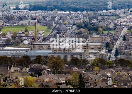 Salts Mill in Saltaire, Yorkshire, seen from Baildon Moor above. Stock Photo