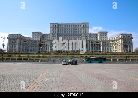 Bucharest, Romania - March 26, 2021: A frontal view of the Parlament Palace in Bucharest, Romania. Stock Photo
