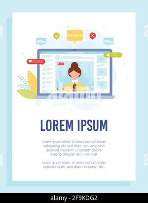 Online news podcast flyer concept. Woman reporter on the online channel. vector illustration. Stock Vector