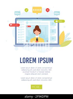 Online news podcast concept. Woman reporter on the online channel. vector illustration. Stock Vector
