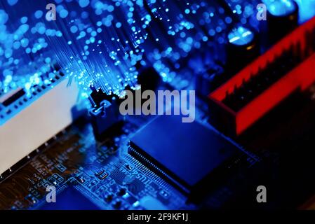 Microchip on the motherboard of the computer. Electronics close up Stock Photo