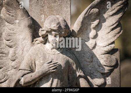 Stone old weathered grave statue of granite weeping angel with broken wing holding chest.  Sad peaceful in golden sunshine. Stock Photo