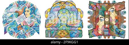 Hand-painted art design. Hand drawn illustration words Aquarius, Libra and Gemini with mandalas for t-shirt and other decoration Stock Vector