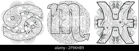 Hand-painted art design for coloring. Hand drawn illustration signs Pisces, Cancer and Scorpio with mandala for t-shirt and other decoration Stock Vector