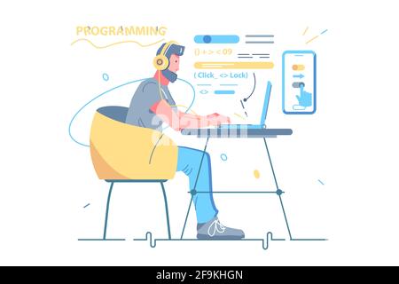 Man developer coding and chatting by laptop Stock Vector