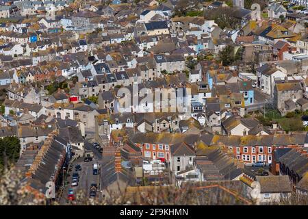 Looking down over the village of Fortuneswell and Chiswell, Isle of Portland from Portland Heights, Portland, Weymouth Dorset, UK in April Stock Photo