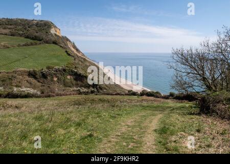 View east down through fields towards Weston Mouth on the South West Coastal Path between Sidmouth and Branscombe. Stock Photo