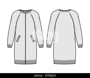 Zip-up dress cardigan Sweater technical fashion illustration with rib crew neck, long raglan sleeves, oversized body, knit trim, pockets. Flat jumper apparel front, back, grey color. Women unisex CAD Stock Vector