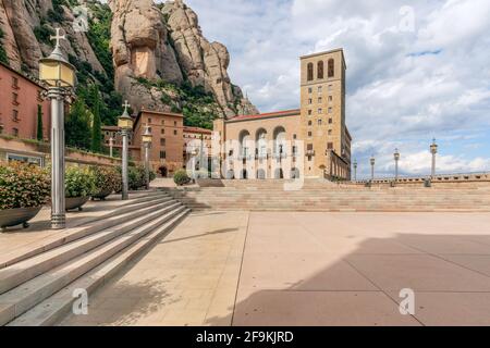 Square in front of the famous monastery Santa Maria de Montserrat Abbey. Catalonia, Spain Stock Photo