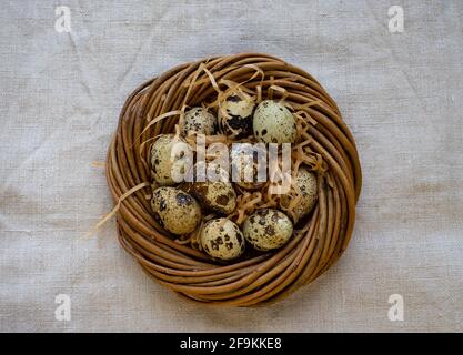 Happy Easter. Quail eggs in the nest, selective focus Stock Photo