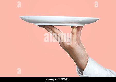 A white plate on a pink background. Perfect shot for restaurant, kitchen and advertising banner. Stock Photo