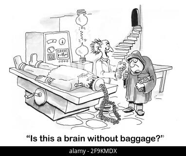 Mad scientist asks assistant if he brought a brain without baggage. Stock Photo