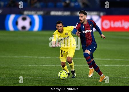 VALENCIA, SPAIN - APRIL 18: Francis Coquelin of Villarreal CF and Ruben Rochina of Levante UD during the La Liga Santander match between Levante UD an Stock Photo