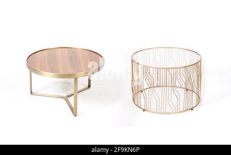 Two modern golden coffee tables isolated on white background Stock Photo