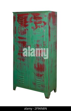 Antique rustic green and red wardrobe isolated on white background Stock Photo