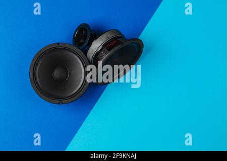 Car audio system. A set of speakers on a blue background. Copy space Stock Photo