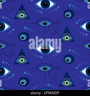 Patter with mystical eyes on a blue background. The symbols are talismans in the form of eyes.  Stock Vector