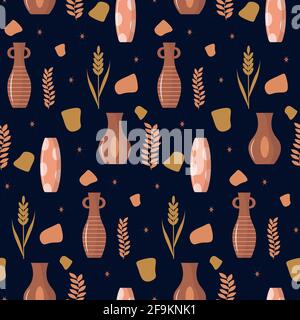 Pattern with ceramic vases, plants and abstract spots.  Stock Vector