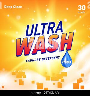 Detergent package design template with lens flare and realistic soap foam. Stock Vector