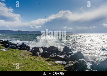 Back rocks lin the shore on a windy day at Satlwater State Park in ...
