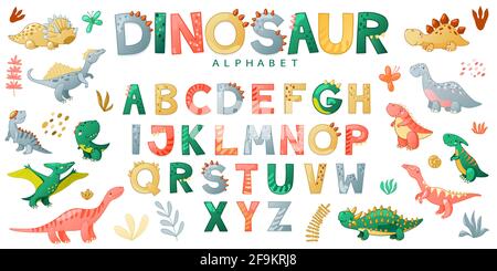 Cartoon cute dinosaur alphabet. Vector illustration with dino for t-shirts, cards, posters, birthday party, paper design, kids and nursery design. Stock Vector