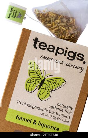 Box of teapigs fennel & liquorice teabags with one teabag removed  set on white background - naturally caffeine free biodegradable tea temples Stock Photo