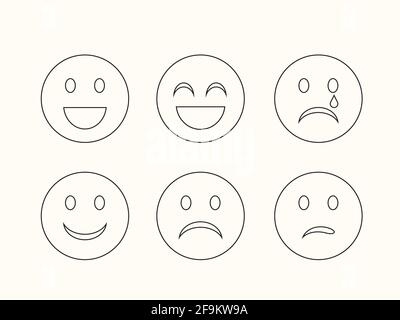 Basic emoticons set. Set of basic emoticons in flat design, Cute Cartoon Face Emotion Mood, Set of line Emoticons. outline smiley. circle emoji, Smile Stock Vector