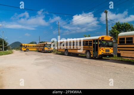 PUNTA GORDA, BELIZE - MARCH 9, 2016: View of local buses sometimes called chicken bus , former school buses in Punta Gorda town, Belize Stock Photo