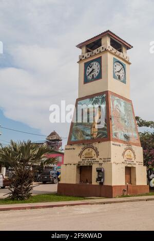 PUNTA GORDA, BELIZE - MARCH 9, 2016: View of clock tower in Punta Gorda town, Belize Stock Photo