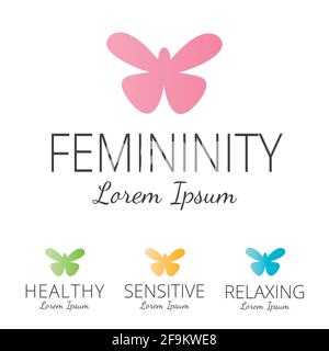Set of logotypes of butterfly. Brand logo in shape of a butterfly. Pink, green, yellow and blue. Vector print illustration. Stock Vector