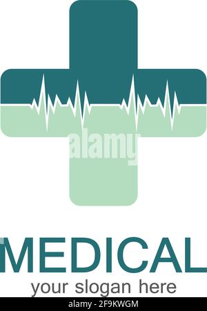 Medical logotype. Pharmacy colored plus cross in a soft shape. Tests, pharmaceutical sign with cardio scheme. Help and health care symbol. Branding id Stock Vector
