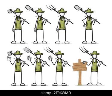 Set of farmer at outdoor activities in different poses. Print vector illustration Stock Vector
