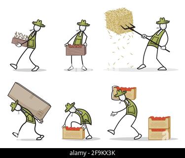 Set of farmer at outdoor activities in different poses. Print vector illustration Stock Vector