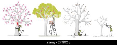 Set of farmer at outdoor activities in different poses. Print vector illustration Stock Vector