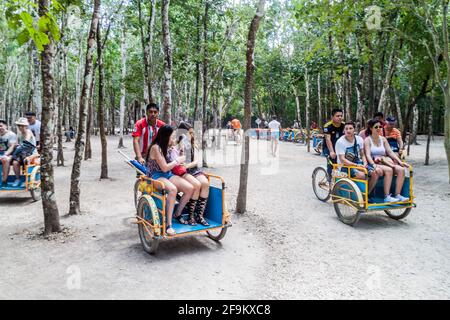 COBA, MEXICO - MARCH 1, 2016: Pedi-trikes bicycle taxi with tourists at the ruins of the Mayan city Coba, Mexico Stock Photo