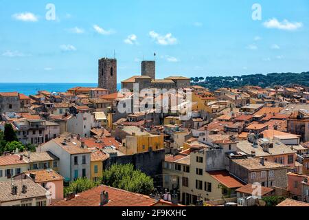 View from above of old town of Antibes under blue sky in France. Stock Photo