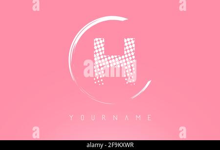 White H letter logo design with golden dots and white circle frame on pink background. Creative vector illustration with pink background and letter H. Stock Vector