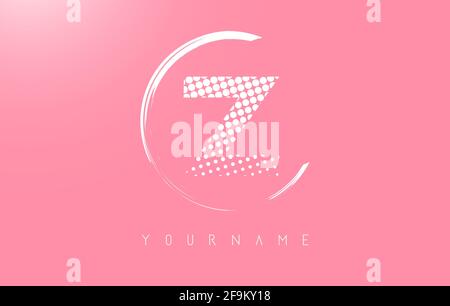 White Z letter logo design with golden dots and white circle frame on pink background. Creative vector illustration with pink background and letter Z. Stock Vector