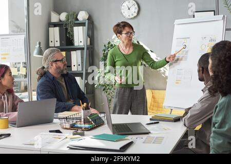 Businesswoman pointing at flip chart and presenting new project to her colleagues during business presentation at office Stock Photo