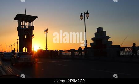 Bridge of Stanley over the sea in Alexandria at sunset with landscape. Stock Photo